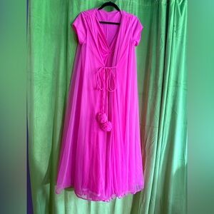 Claire Sandra Lucie Ann Vintage Nylon Peignoir Sweeping Hot Pink Lace Sheer 36